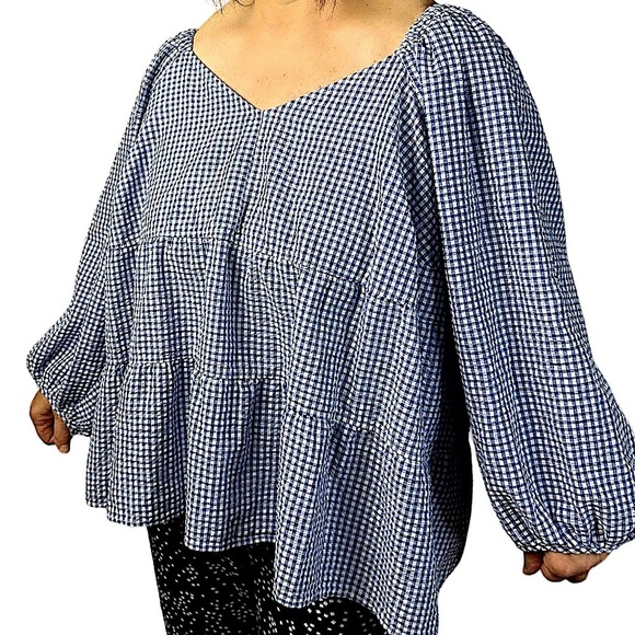Blue Gingham Babydoll V-neck Tiered Women's Top - Picture 2 of 7